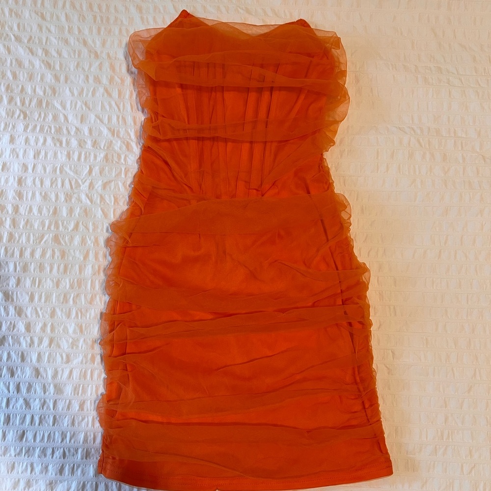 PrettyLittleThing Orange Ruched Strapless Bodycon Dress